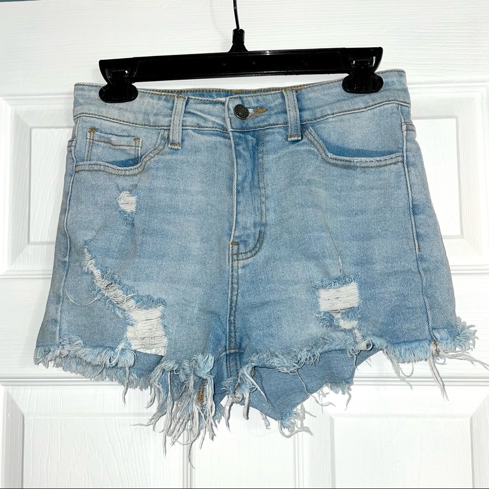cute distressed light wash jean shorts
